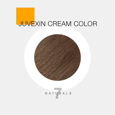 A hair color sample displays a medium brown shade labeled as "Juvexin Cream Color 7 Naturals" with a small orange square above the text.