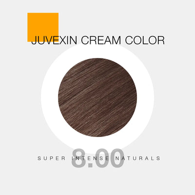A circular swatch of Juvexin Cream Color in shade 8.00 "Super Intense Naturals" showcasing a soft, warm brown tone against a light gray background.