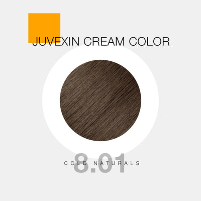 A hair color sample displays a Cold Natural shade labeled as "Juvexin Cream Color 8.01 Cold Natural" with a small orange square above the text.