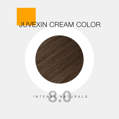 A hair color sample displays a medium brown shade labeled as "Juvexin Cream Color 8.0 Intense Naturals" with a small orange square above the text.