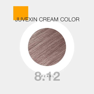 Juvexin Cream Color in shade 8.12 Pearl. A circular swatch shows Pearl color, with bold text and a small orange square accent.