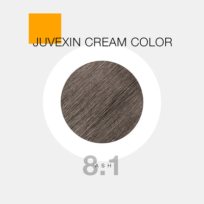 A hair color sample displays a Ash shade labeled as "Juvexin Cream Color 8.1 Ash" with a small orange square above the text.