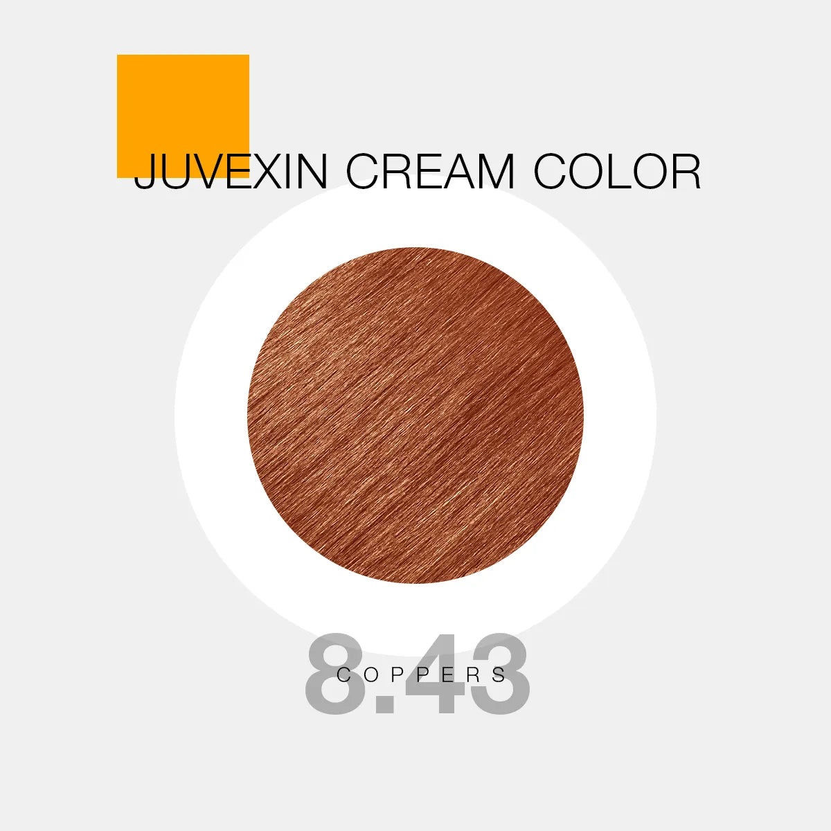 A hair color sample displays a medium brown shade labeled as "Juvexin Cream Color 8.43 Copper" with a small orange square above the text.