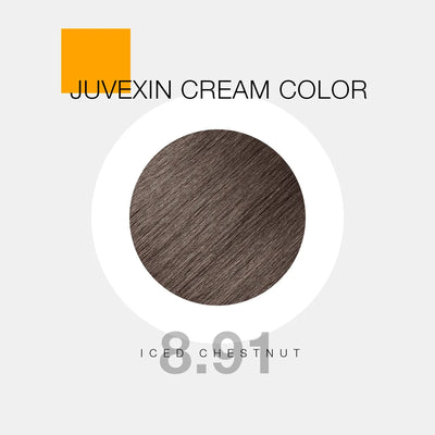 Juvexin Cream Color in shade 8.91 Iced Chestnut. A circular swatch shows Chestnut color, with bold text and a small orange square accent.