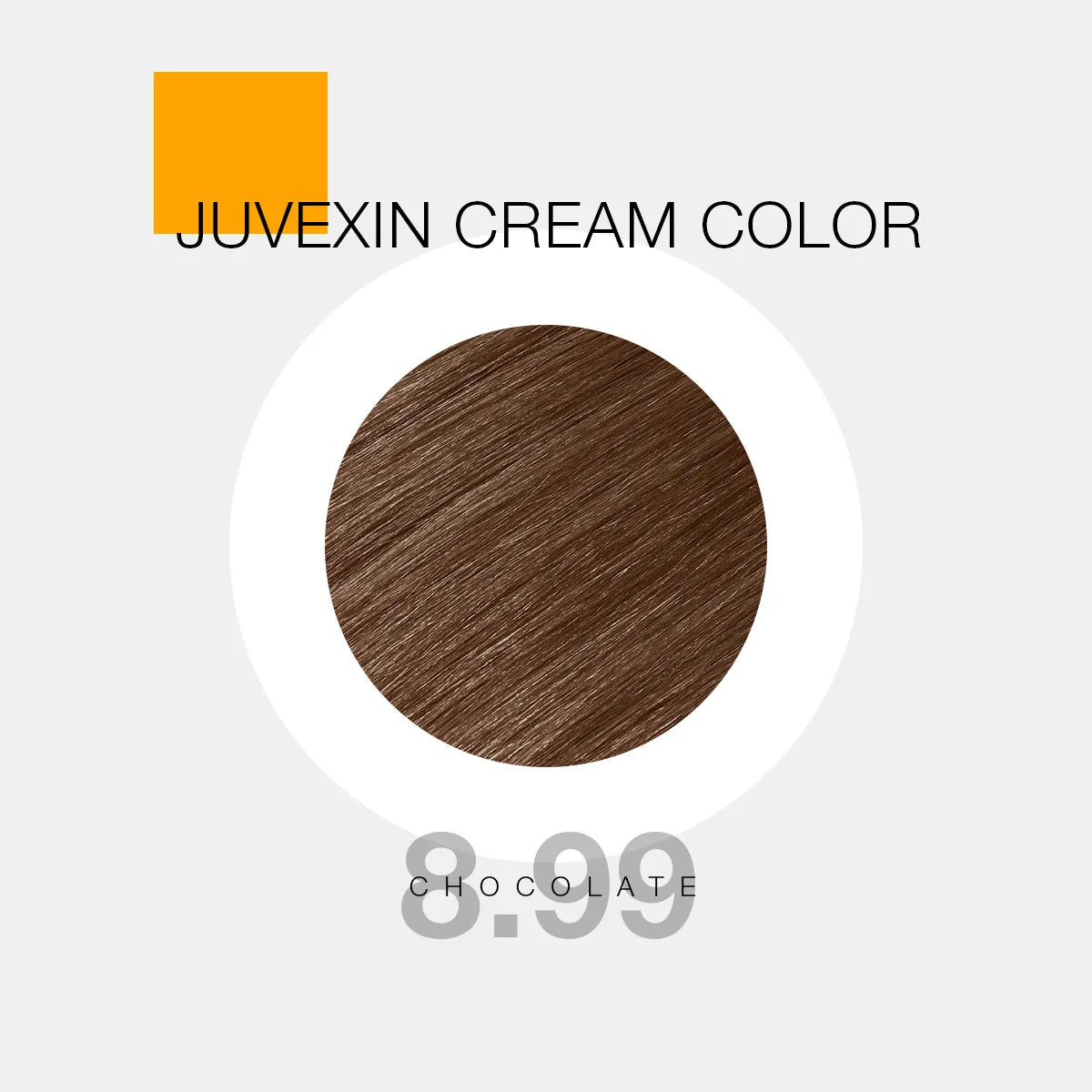 A hair color sample displays a chocolate shade labeled as "Juvexin Cream Color 8.99 Chocolate" with a small orange square above the text.