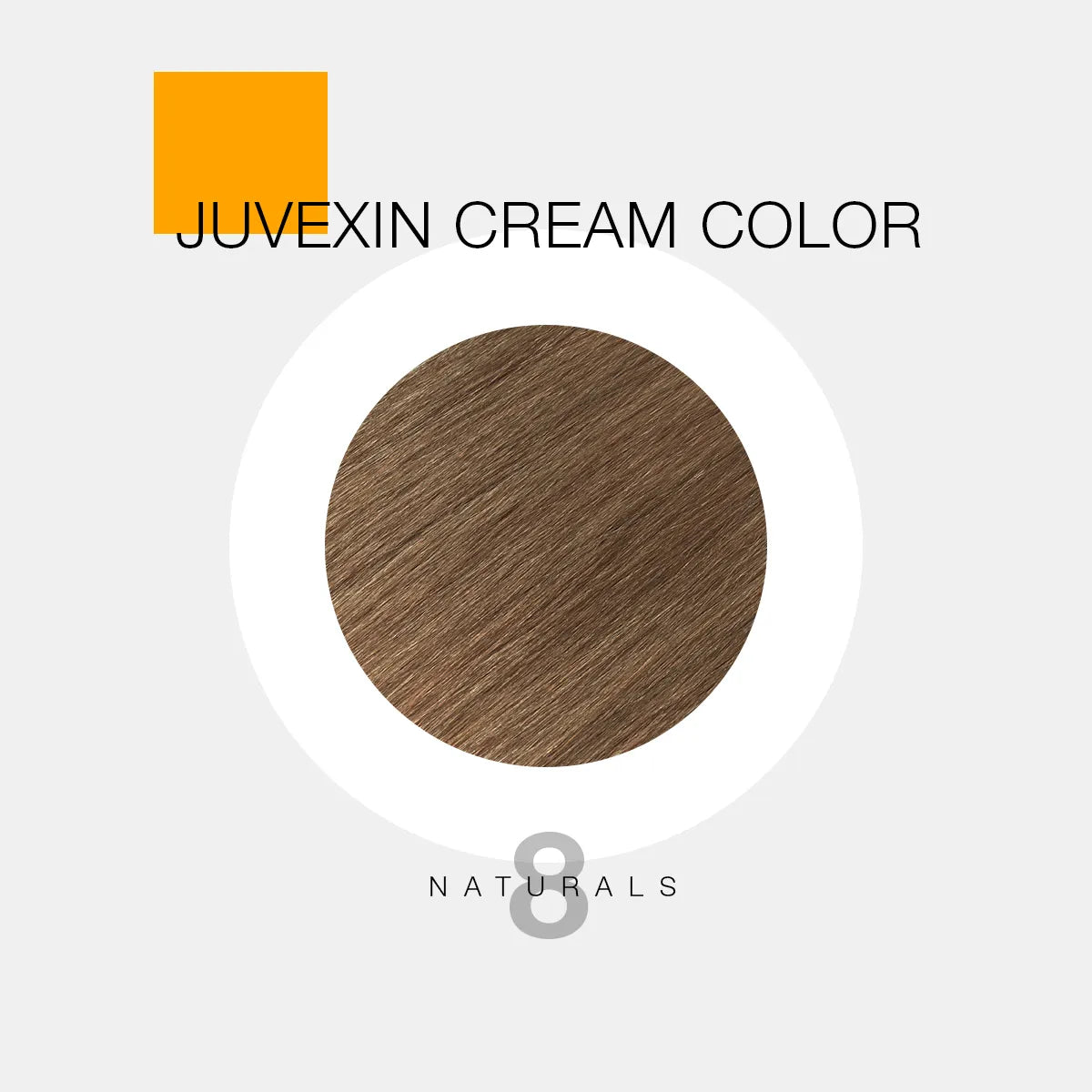 A hair color sample displays a medium brown shade labeled as "Juvexin Cream Color 8 Naturals" with a small orange square above the text.