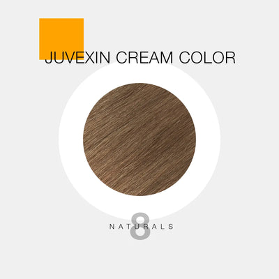 A hair color sample displays a medium brown shade labeled as "Juvexin Cream Color 8 Naturals" with a small orange square above the text.