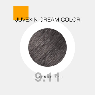 A hair color sample displays a ash shade labeled as "Juvexin Cream Color 9.11 Intense Ash" with a small orange square above the text.