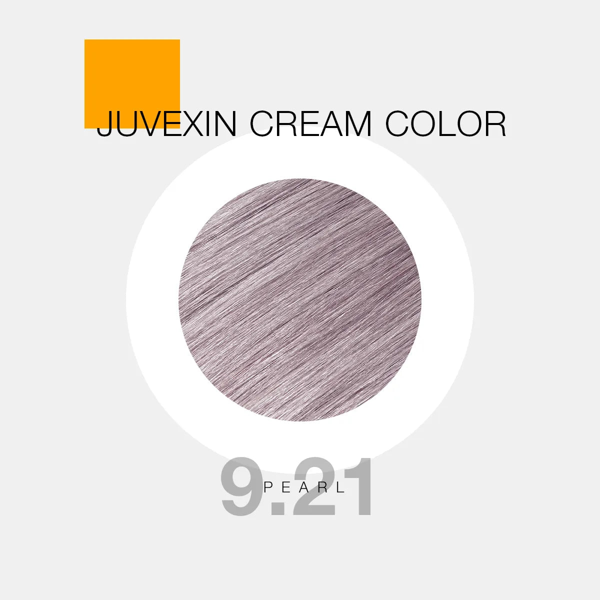 Juvexin Cream Color in shade 9.21 Pearl. A circular swatch shows Pearl color, with bold text and a small orange square accent.