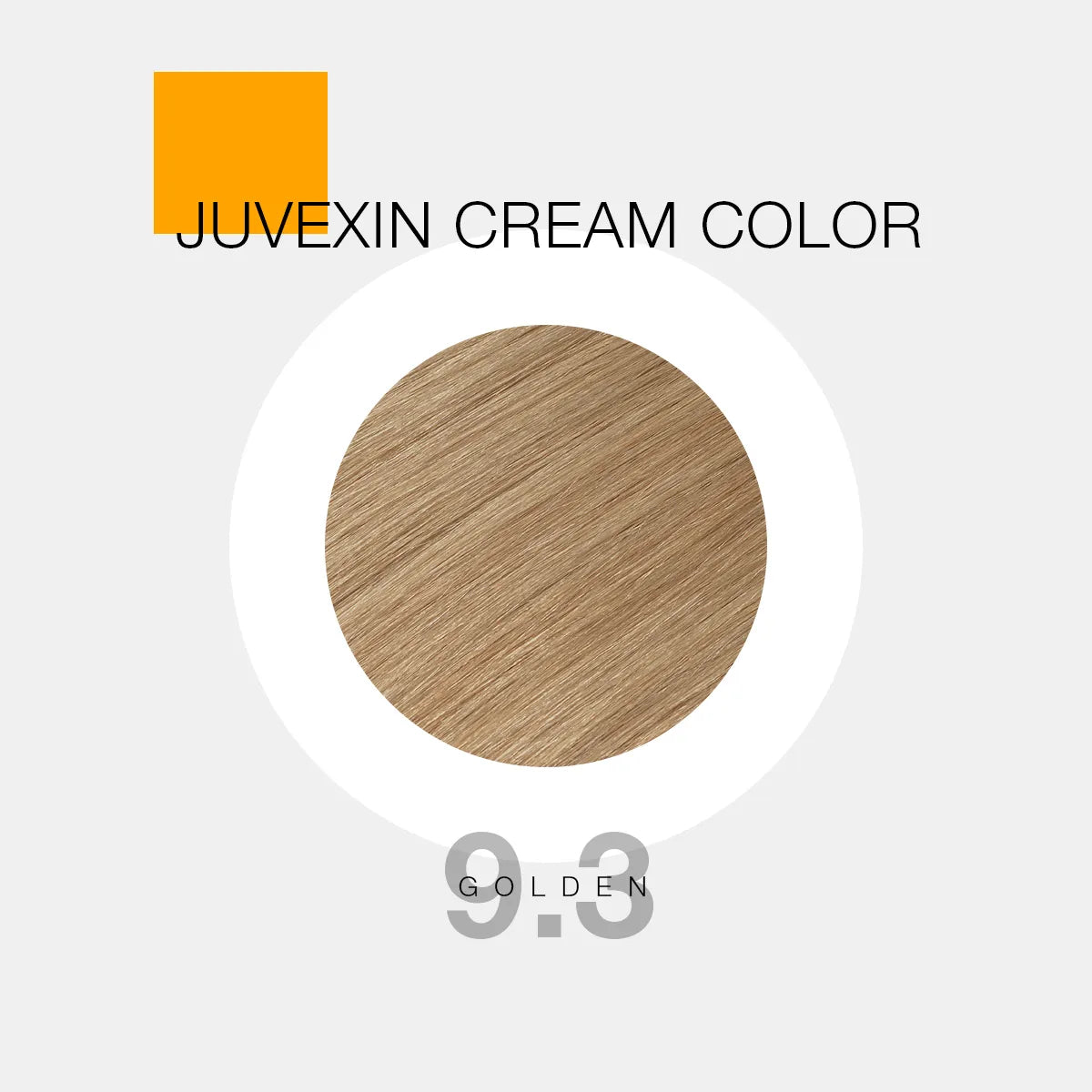 A hair color sample displays a Golden shade labeled as "Juvexin Cream Color 9.3 Golden" with a small orange square above the text.