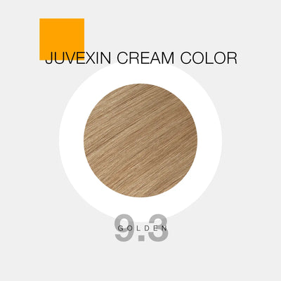 A hair color sample displays a Golden shade labeled as "Juvexin Cream Color 9.3 Golden" with a small orange square above the text.