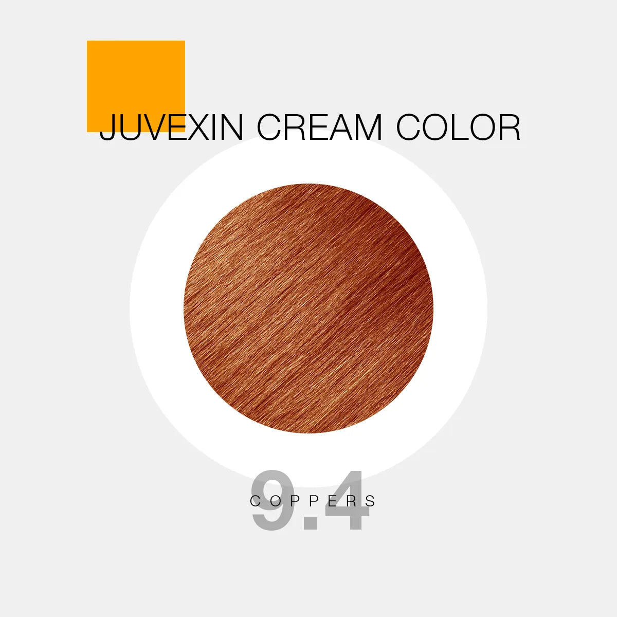 A hair color sample displays a copper shade labeled as "Juvexin Cream Color 9.4 Coppers" with a small orange square above the text.