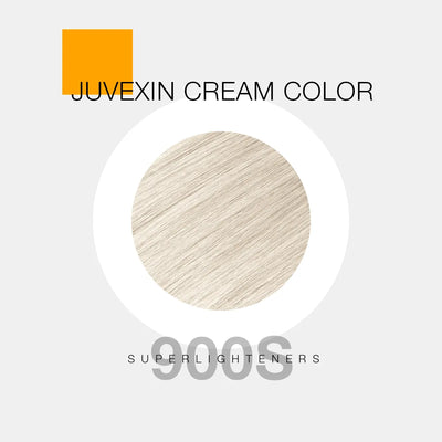 A hair color sample displays super light blonde shade labeled as "Juvexin Cream Color 900 Superlighteners" with a small orange square above the text.