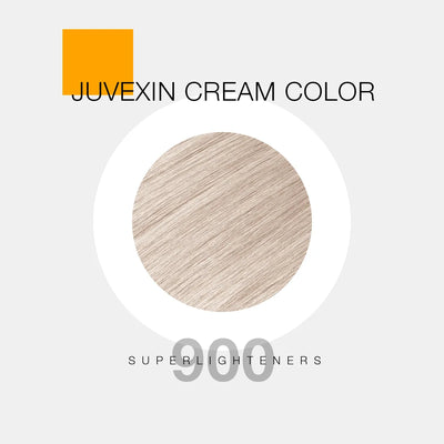 A hair color sample displays a light blonde shade labeled as "Juvexin Cream Color 900 Superlighterners" with a small orange square above the text.