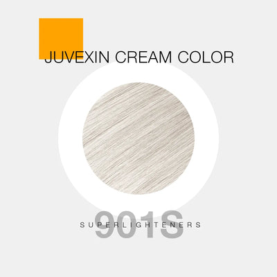 A hair color sample displays a Super Light Blonde shade labeled as "Juvexin Cream Color 901S Superlighteners" with a small orange square above the text.