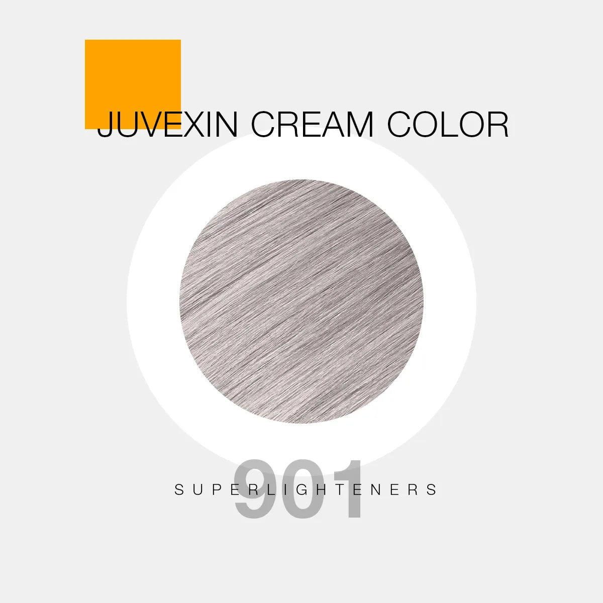 A hair color sample displays a light blonde shade labeled as "Juvexin Cream Color 901 Superlighteners" with a small orange square above the text.