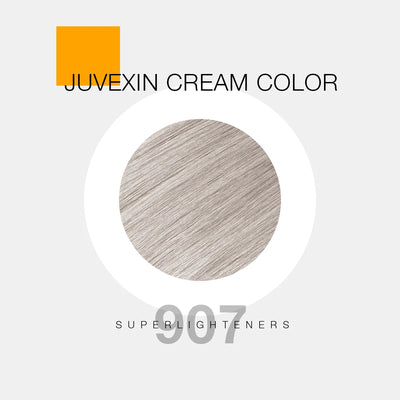 A hair color sample displays a light blonde shade labeled as "Juvexin Cream Color 907 Superlighteners" with a small orange square above the text.
