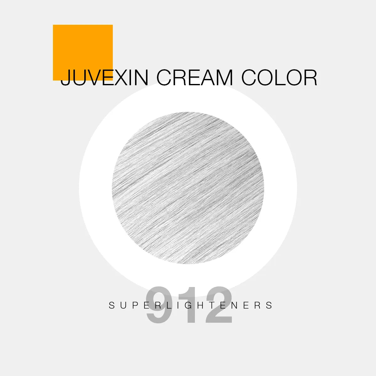A hair color sample displays a super ash shade labeled as "Juvexin Cream Color 912 Superlighteners" with a small orange square above the text.
