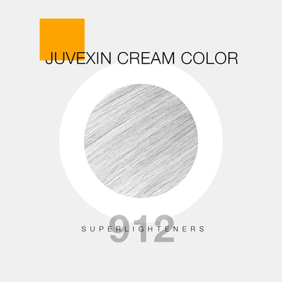 A hair color sample displays a super ash shade labeled as "Juvexin Cream Color 912 Superlighteners" with a small orange square above the text.