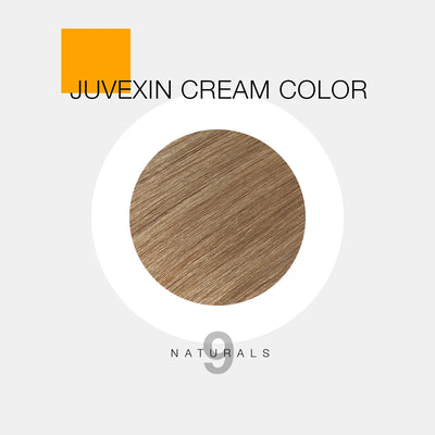 A Hair Color sample displays a medium brown shade labeled as "Juvexin Cream Color 9 Naturals" with a small orange square above the text.