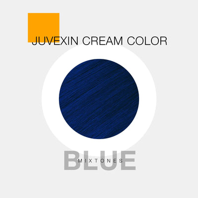 A hair color sample displays a Blue shade labeled as "Juvexin Cream Color Mixtones Blues" with a small orange square above the text.