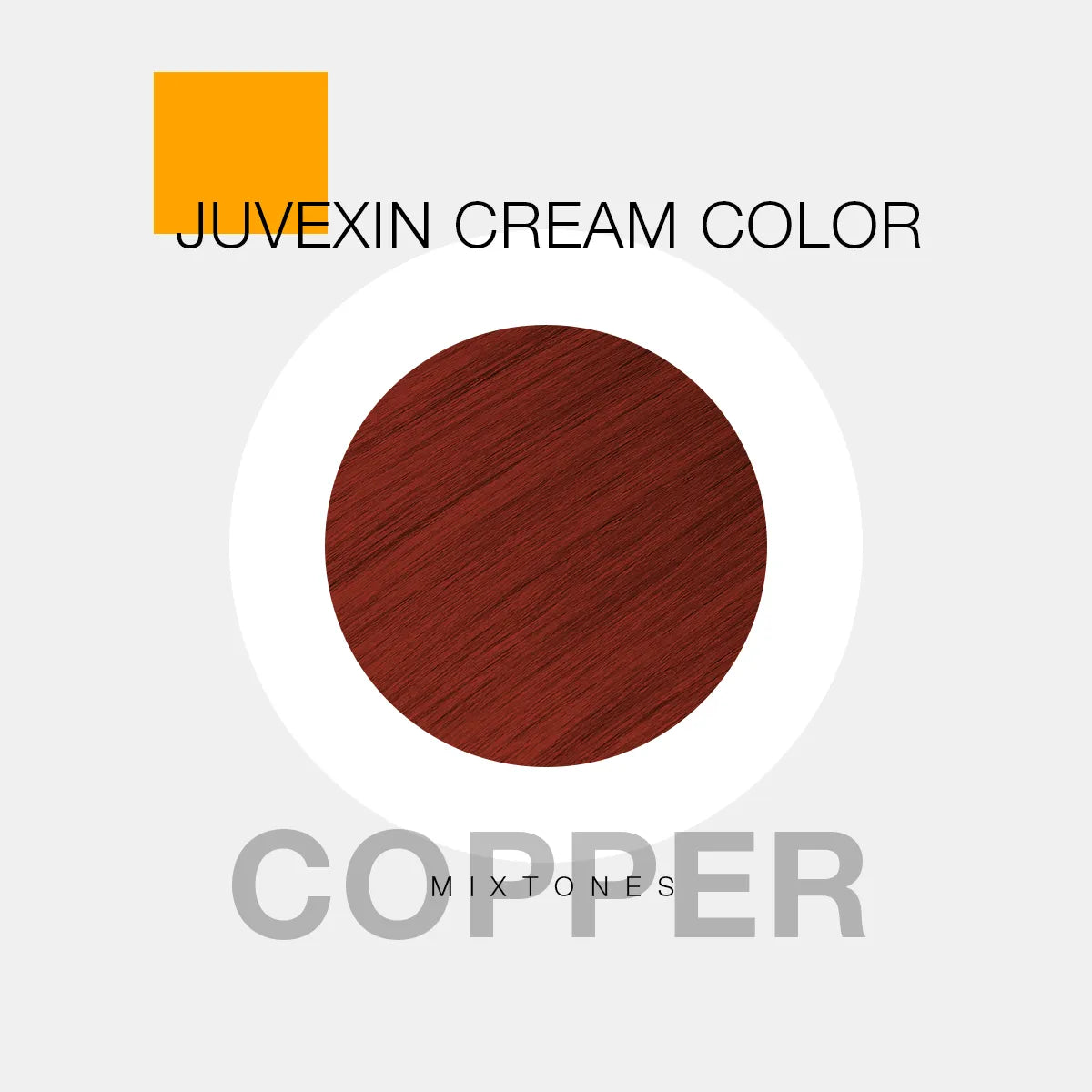 A hair color sample displays a Copper shade labeled as "Juvexin Cream Color Mixtones Copper" with a small orange square above the text.