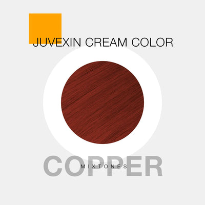 A hair color sample displays a Copper shade labeled as "Juvexin Cream Color Mixtones Copper" with a small orange square above the text.
