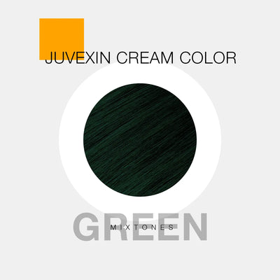 A hair color sample displays a ash shade labeled as "Juvexin Cream Color Mixtones Green" with a small orange square above the text.