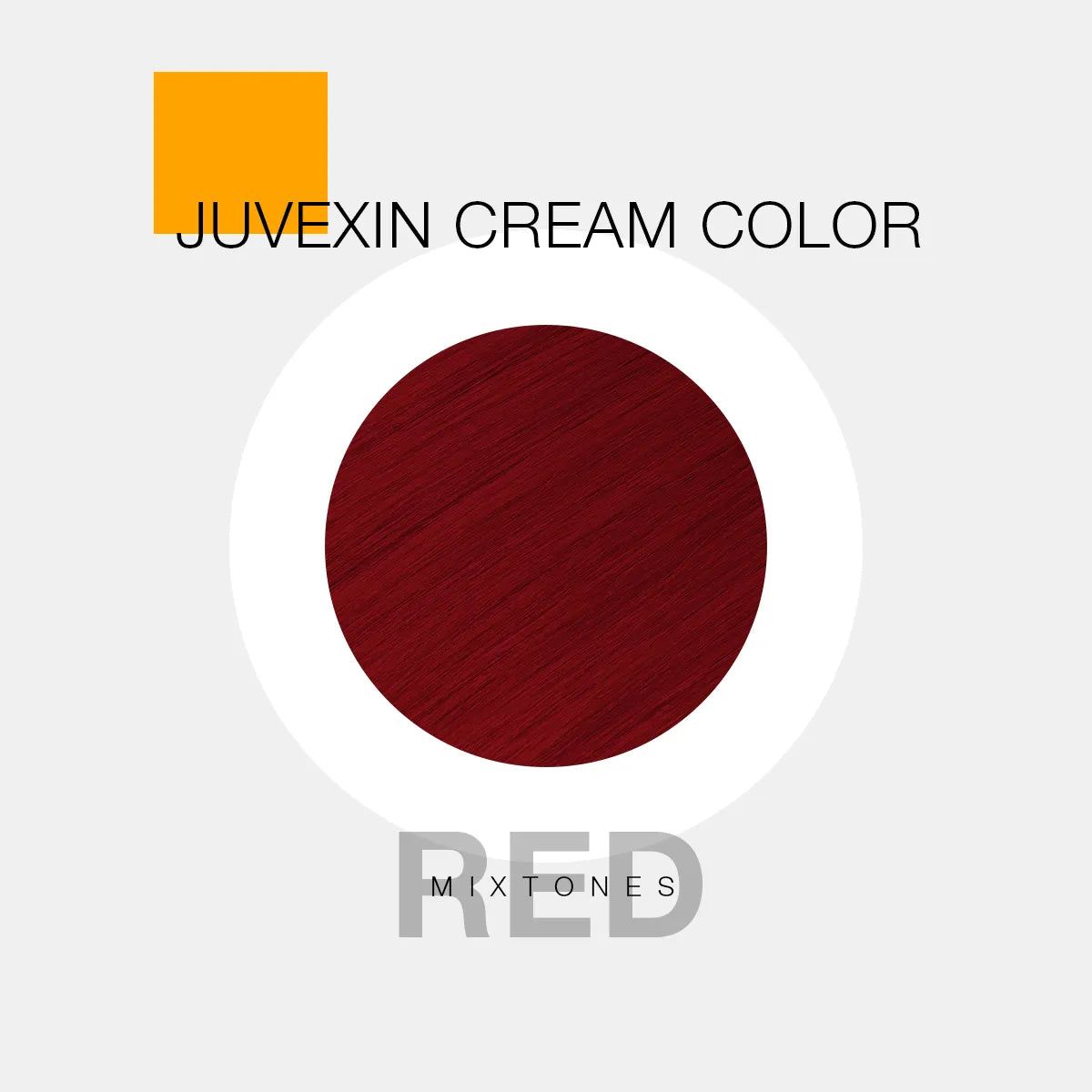 A hair color sample displays a Red shade labeled as "Juvexin Cream Color Mixtones Red" with a small orange square above the text.