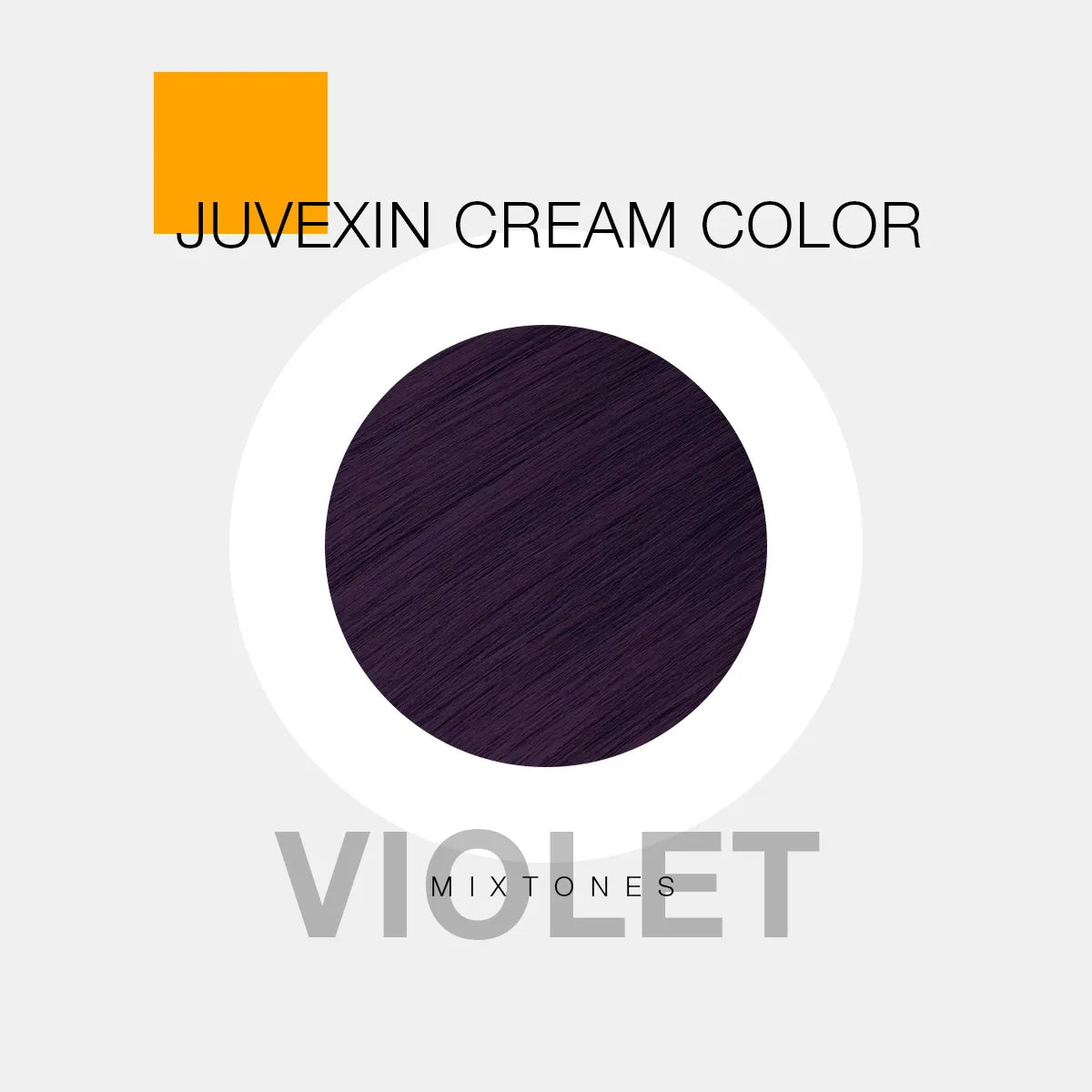 A hair color sample displays a Violet shade labeled as "Juvexin Cream Color Mixtone Violet" with a small orange square above the text.
