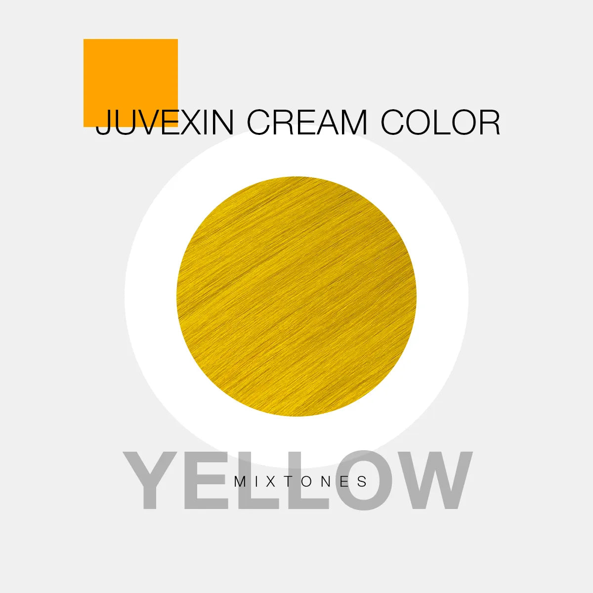 A hair color sample displays a Yellow shade labeled as "Juvexin Cream Color Yellow Mixtones" with a small orange square above the text.