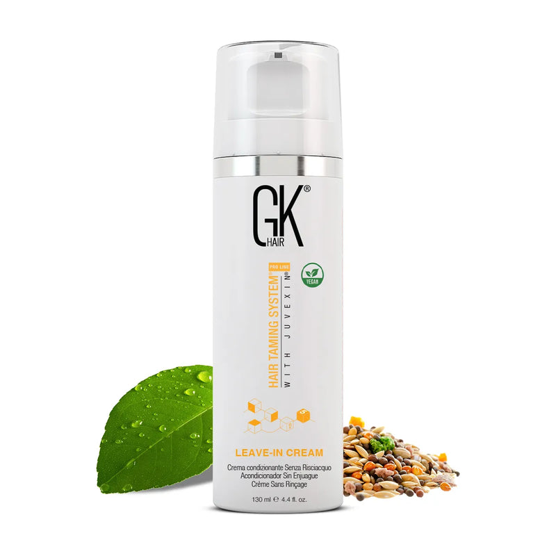GK Hair Leave-In Conditioner Hair Cream, white 130 ml pump bottle labeled Leave-In Cream, with a green leaf and mixed grains