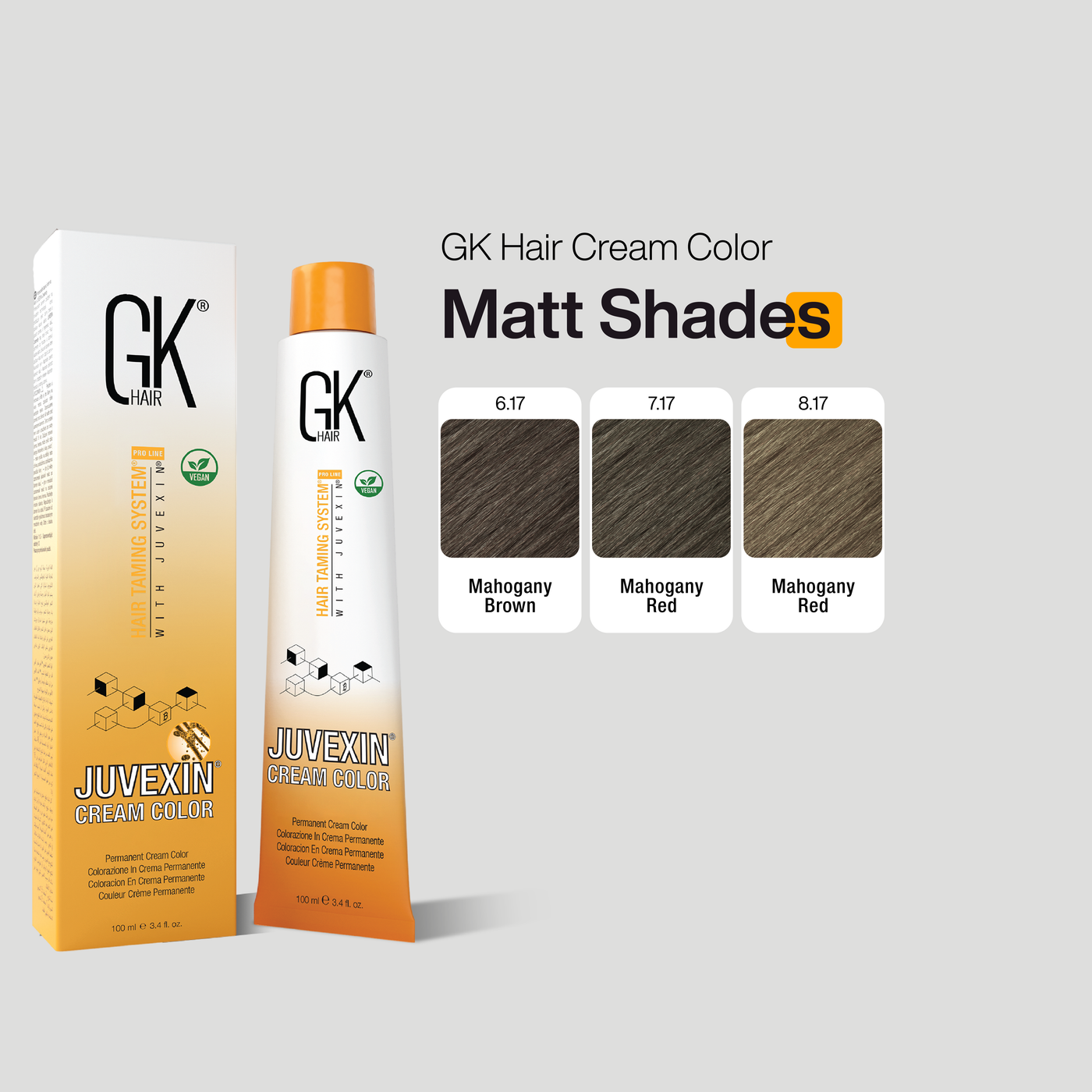 GK Hair Cream Color packaging with Matt Shades on a gray background