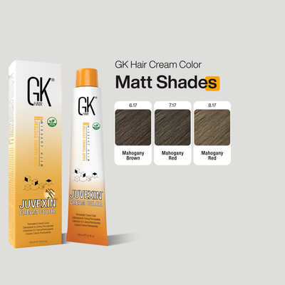 GK Hair Cream Color packaging with Matt Shades on a gray background