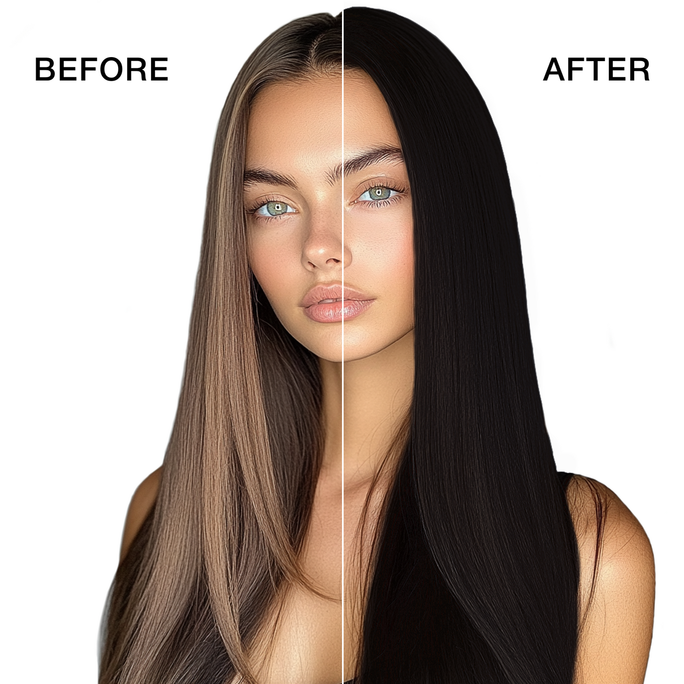 GK Hair's model 5 showing her hair before and after using GK Hair's 3.99 Dark Chocolate Cream Color