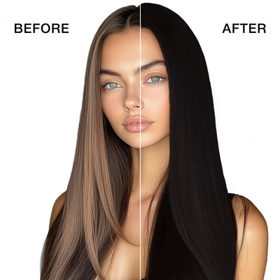 GK Hair's model 5 showing her hair before and after using GK Hair's 3.99 Dark Chocolate Cream Color