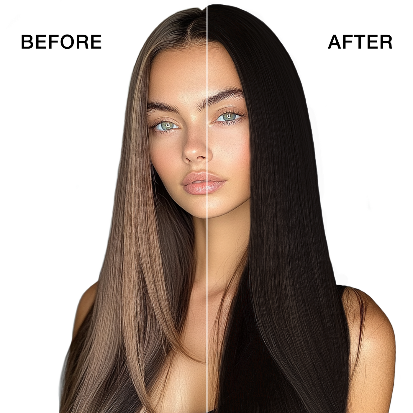 GK Hair's model 5 showing her hair before and after using GK Hair's 4.99 Cocoa Cream Color