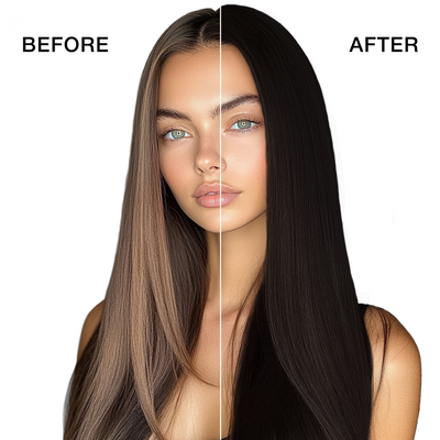 GK Hair's model 5 showing her hair before and after using GK Hair's 4.99 Cocoa Cream Color