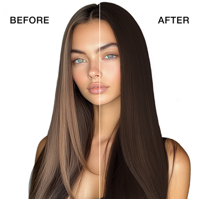 GK Hair's model 5 showing her hair before and after using GK Hair's  6.99 Gianduia Cream Color