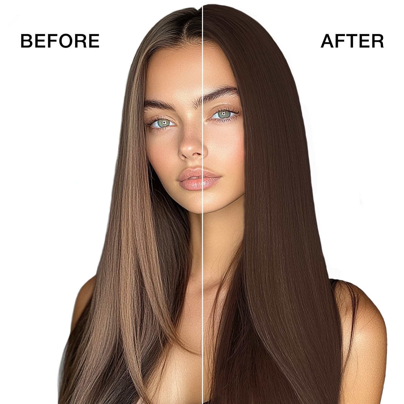 GK Hair's model 5 showing her hair before and after using GK Hair's 7.99 Cinnamon Cream Color