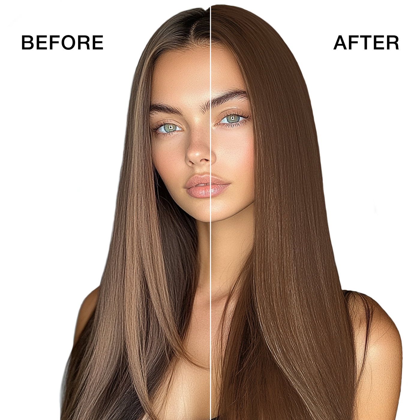 GK Hair's model 5 showing her hair before and after using GK Hair's 8.99 Hazelnut Cream Color