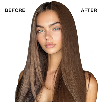 GK Hair's model 5 showing her hair before and after using GK Hair's 8.99 Hazelnut Cream Color