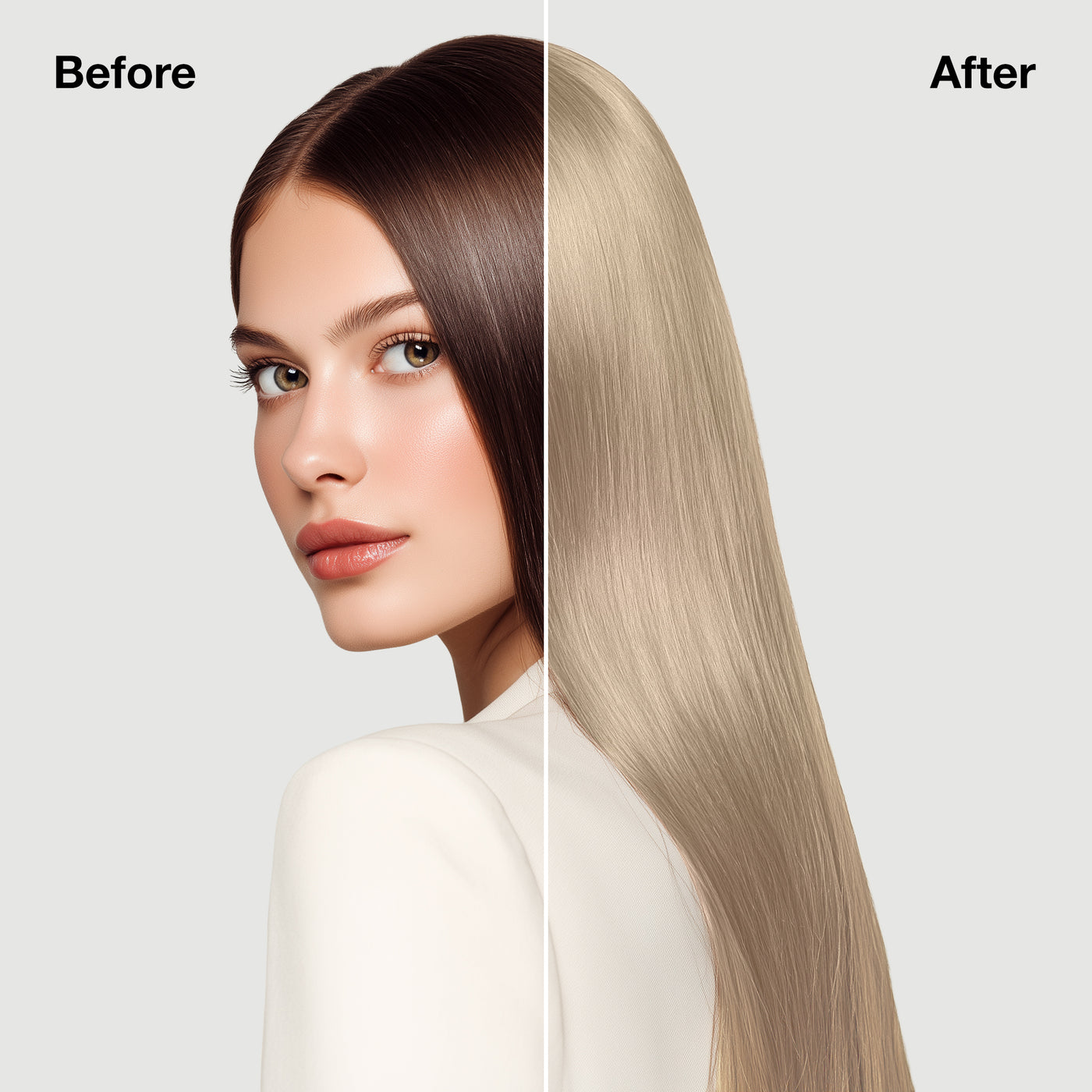 GK Hair's model 7 showing her hair before and after using GK Hair's 10.13 Ash Golden Lightest Blonde Cream Color