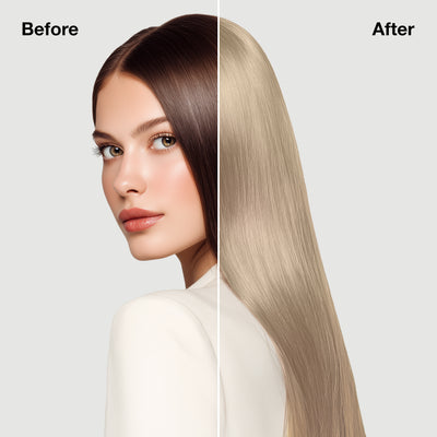 GK Hair's model 7 showing her hair before and after using GK Hair's 10.13 Ash Golden Lightest Blonde Cream Color