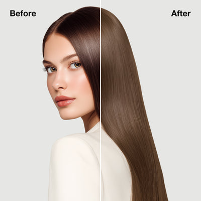 GK Hair's model 7 showing her hair before and after using GK Hair's 7.13 Ash Golden Blonde Cream Color