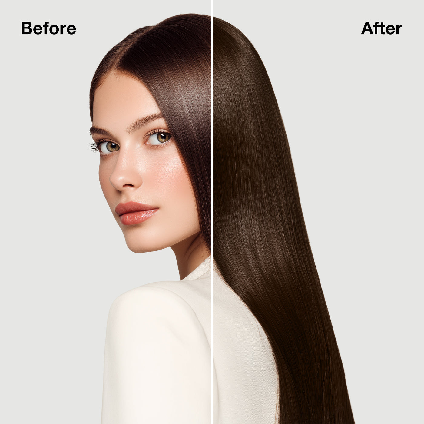 GK Hair's model 7 showing her hair before and after using GK Hair's Juvexin 7.8 Brunette Blonde Cream Color 