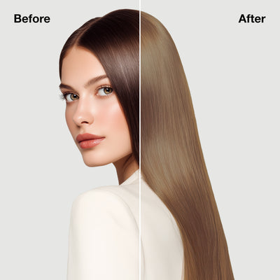 GK Hair's model 7 showing her hair before and after using GK Hair's Juvexin 8.13 Ash Golden Light Blonde Cream Color