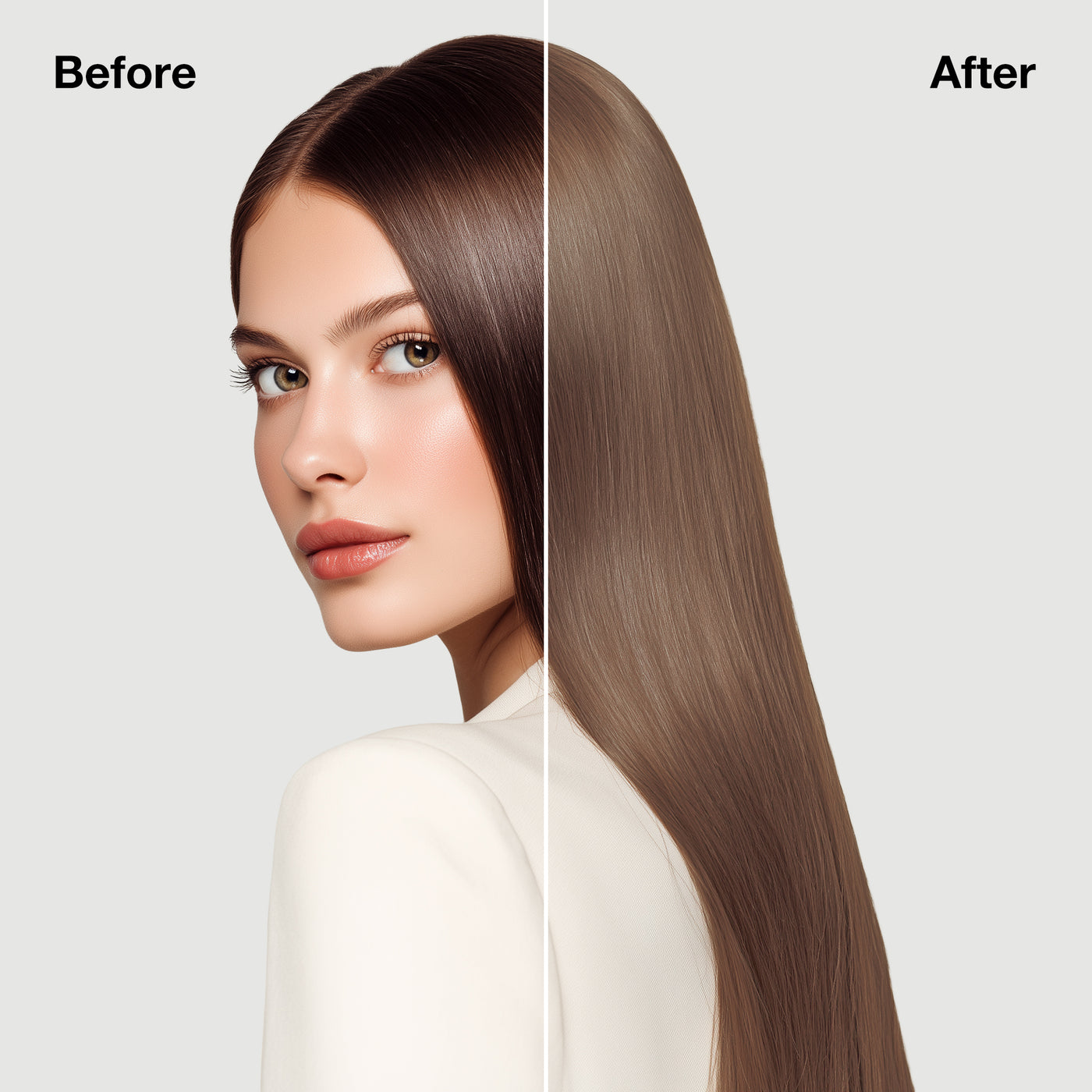 GK Hair's model 7 showing her hair before and after using GK Hair's 8.31 Golden Ash Light Blonde Cream Color