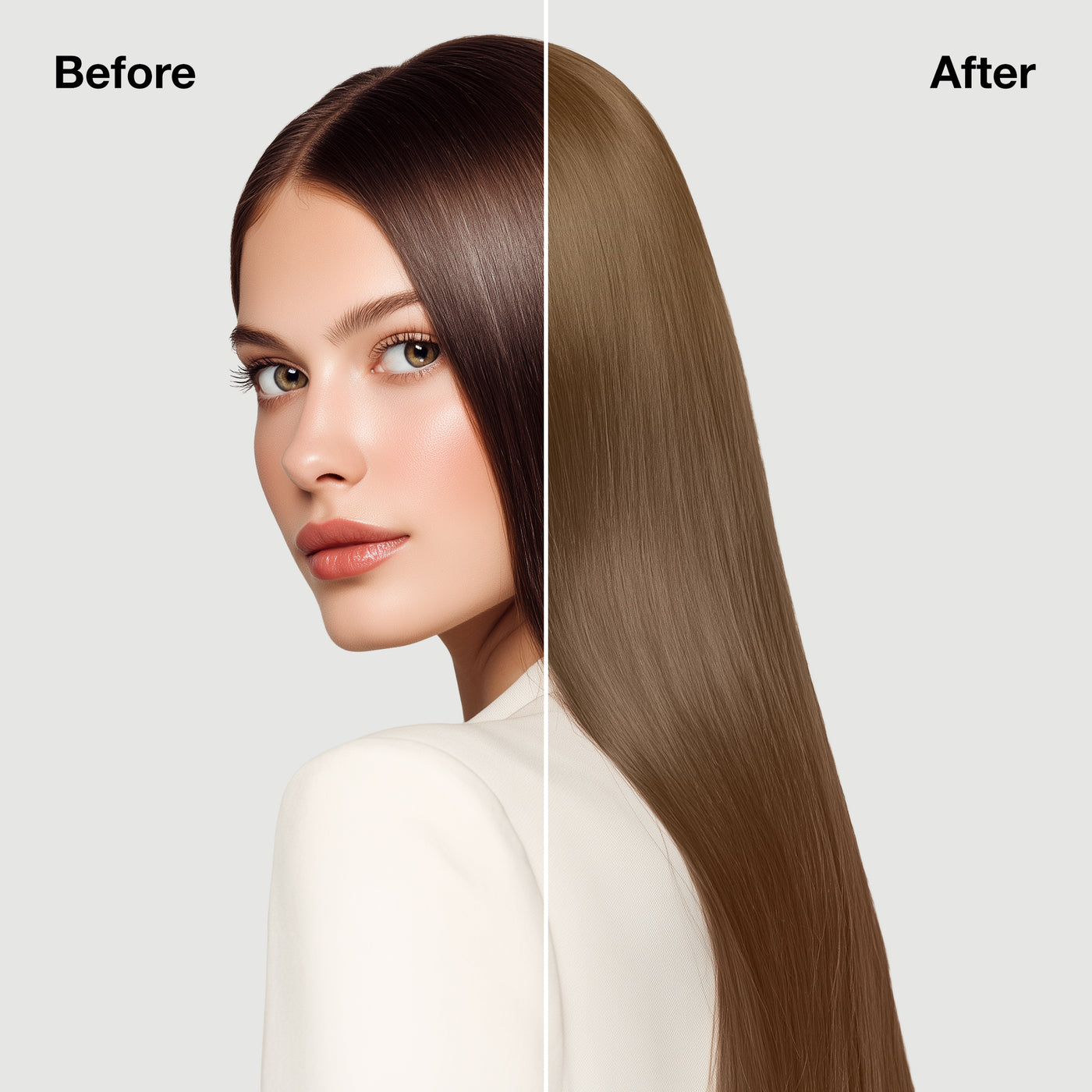 GK Hair's model 7 showing her hair before and after using GK Hair's 8.8 Light Brunette Blonde Cream Color