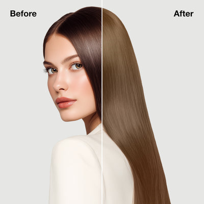 GK Hair's model 7 showing her hair before and after using GK Hair's 8.8 Light Brunette Blonde Cream Color